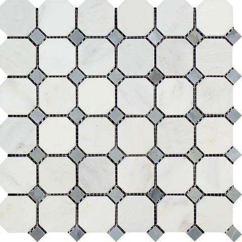 Oriental White Honed Marble Octagon Mosaic Tile w/ Blue-Gray Dots.