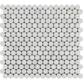 Oriental White Honed Marble Penny Round Mosaic Tile.