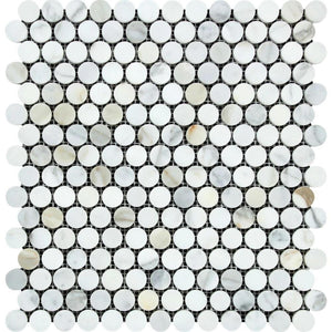 Calacatta Gold Honed Marble Penny Round Mosaic Tile.