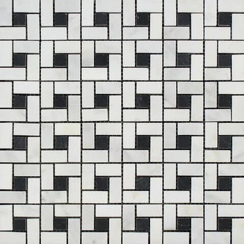 Oriental White Honed Marble Mini Pinwheel Mosaic Tile w/ Black Dots.