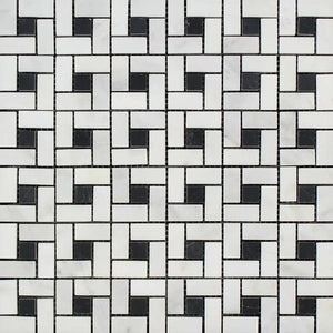 Oriental White Honed Marble Mini Pinwheel Mosaic Tile w/ Black Dots.
