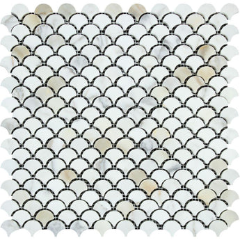 Calacatta Gold Honed Marble Raindrop Mosaic Tile.