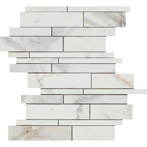 Calacatta Gold Honed Marble Random Strip Mosaic Tile.