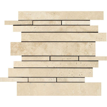 Ivory Honed Travertine Random Strip Mosaic Tile.