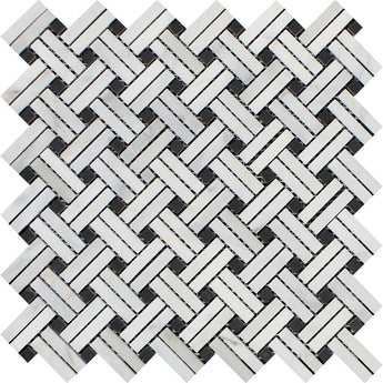 Oriental White Honed Marble Stanza Mosaic Tile w/ Black Dots.