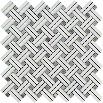 Bianco Carrara Honed Marble Stanza Mosaic Tile (w/ Blue-Gray Dots).