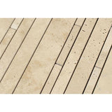 Ivory Honed Travertine Random Strip Mosaic Tile.