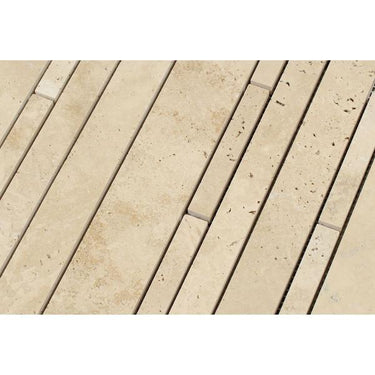 Ivory Honed Travertine Random Strip Mosaic Tile.