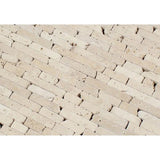 Ivory Tumbled Travertine Random Strip Mosaic Tile.