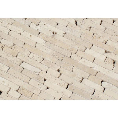 Ivory Tumbled Travertine Random Strip Mosaic Tile.