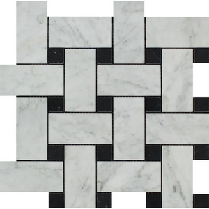 Bianco Carrara Honed Marble Large Basketweave Mosaic Tile (w/ Black Dots).