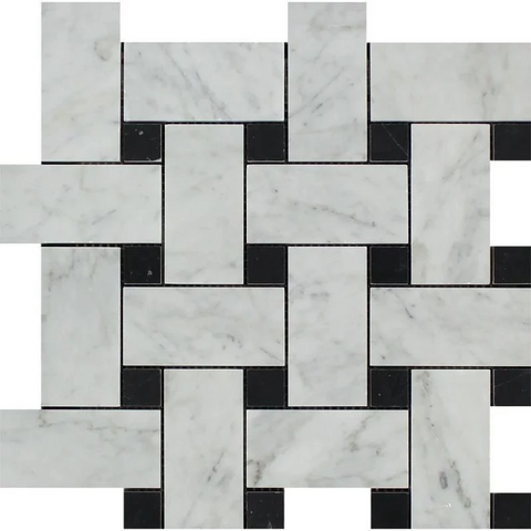 Bianco Carrara Honed Marble Large Basketweave Mosaic Tile (w/ Black Dots).