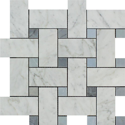 Bianco Carrara Honed Marble Large Basketweave Mosaic Tile (w/ Blue-Gray Dots).