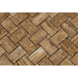 Noce Exotic (Vein-Cut) Unfilled Brushed Travertine Basketweave Mosaic Tile.