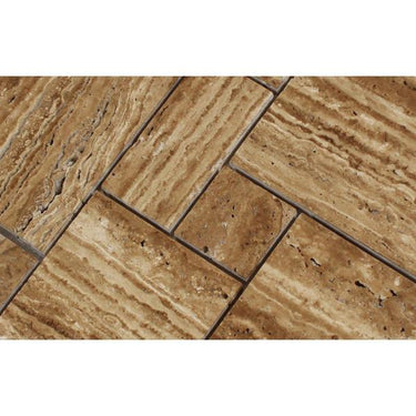 Noce Exotic (Vein-Cut) Unfilled Brushed Travertine OPUS Mini Pattern Mosaic Tile (Interlocking).
