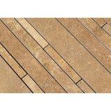 Noce Honed Travertine Random Strip Mosaic Tile.