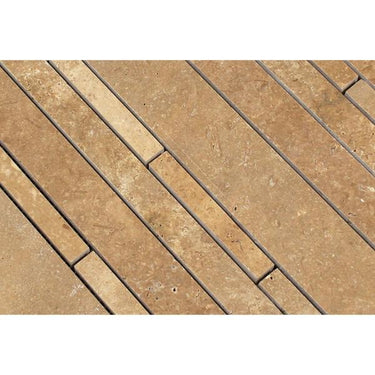 Noce Honed Travertine Random Strip Mosaic Tile.