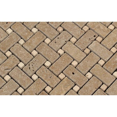 Noce Tumbled Travertine Basketweave Mosaic Tile w/ Ivory Dots.