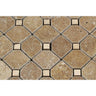 Noce Tumbled Travertine Octagon Mosaic Tile w/ Ivory Dots.