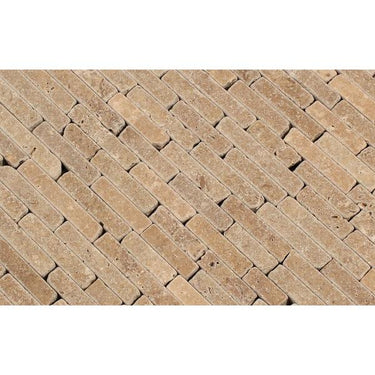 Noce Tumbled Travertine Random Strip Mosaic Tile.