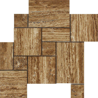 Noce Exotic (Vein-Cut) Unfilled Brushed Travertine OPUS Mini Pattern Mosaic Tile (Interlocking).