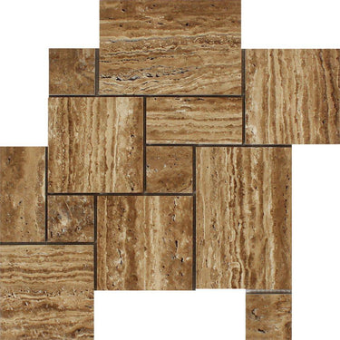 Noce Exotic (Vein-Cut) Unfilled Brushed Travertine OPUS Mini Pattern Mosaic Tile (Interlocking).