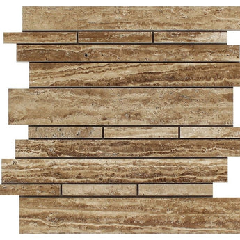 Noce Exotic (Vein-Cut) Unfilled Brushed Travertine Random Strip Mosaic Tile.