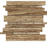 Noce Exotic (Vein-Cut) Unfilled Brushed Travertine Random Strip Mosaic Tile.