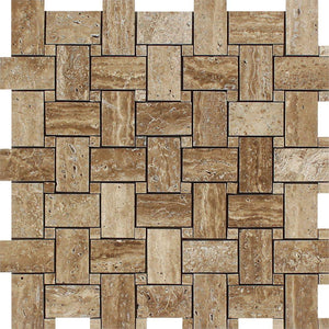 Noce Exotic (Vein-Cut) Unfilled Polished Travertine Basketweave Mosaic Tile.