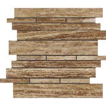 Noce Exotic (Vein-Cut) Unfilled Polished Travertine Random Strip Mosaic Tile.