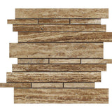 Noce Exotic (Vein-Cut) Unfilled Polished Travertine Random Strip Mosaic Tile.