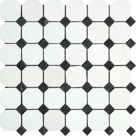 Thassos White Honed Marble Octagon Mosaic Tile w/ Black Dots.