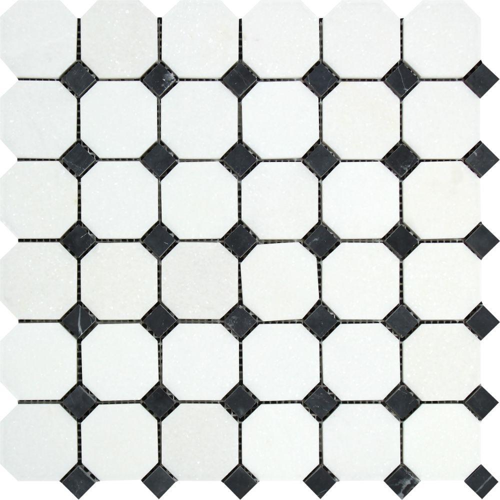 Thassos White Polished Marble Octagon Mosaic Tile w/ Black Dots.