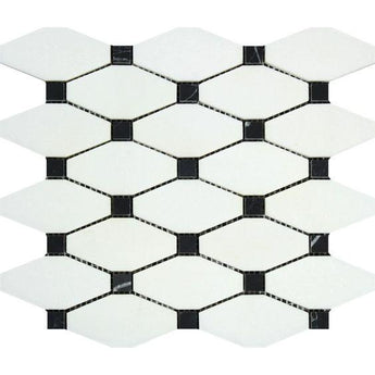 Thassos White Honed Marble Octave Mosaic Tile w/ Black Dots.