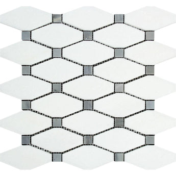 Thassos White Honed Marble Octave Mosaic Tile w/ Blue-Gray Dots.