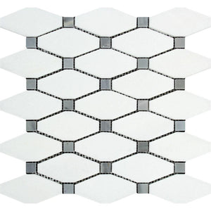 Thassos White Polished Marble Octave Mosaic Tile w/ Blue-Gray Dots.