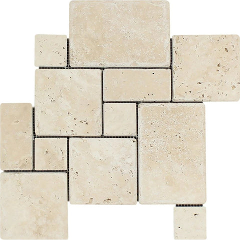 Ivory Tumbled Travertine OPUS Mini Pattern Mosaic Tile (Interlocking).