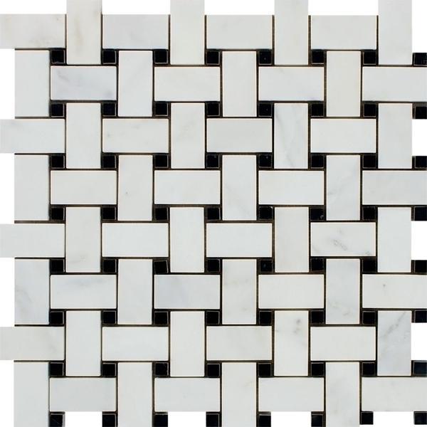 Oriental White Honed Marble Basketweave Mosaic Tile w/ Black Dots.