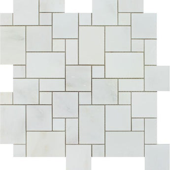 Oriental White Honed Marble Mini Versailles Pattern Mosaic Tile.