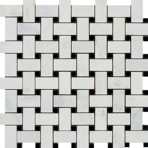 Oriental White Polished Marble Basketweave Mosaic Tile w/ Black Dots.