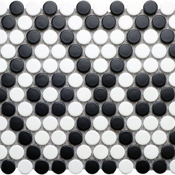 Roca CC MOSAICS black and white penny round porcelain mosaic tile, close-up of glossy circular tiles for wall or floor design.