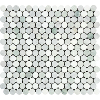 Thassos White Polished Marble Penny Round Mosaic Tile (Carrara + Thassos + Ming Green).