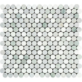 Thassos White Polished Marble Penny Round Mosaic Tile (Carrara + Thassos + Ming Green).