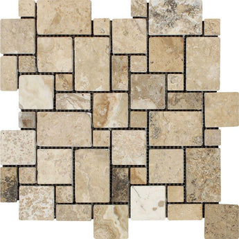 Philadelphia Tumbled Travertine Mini Versailles Pattern Mosaic Tile.