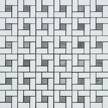Thassos White Polished Marble Mini Pinwheel Mosaic Tile w/ Blue-Gray Dots.