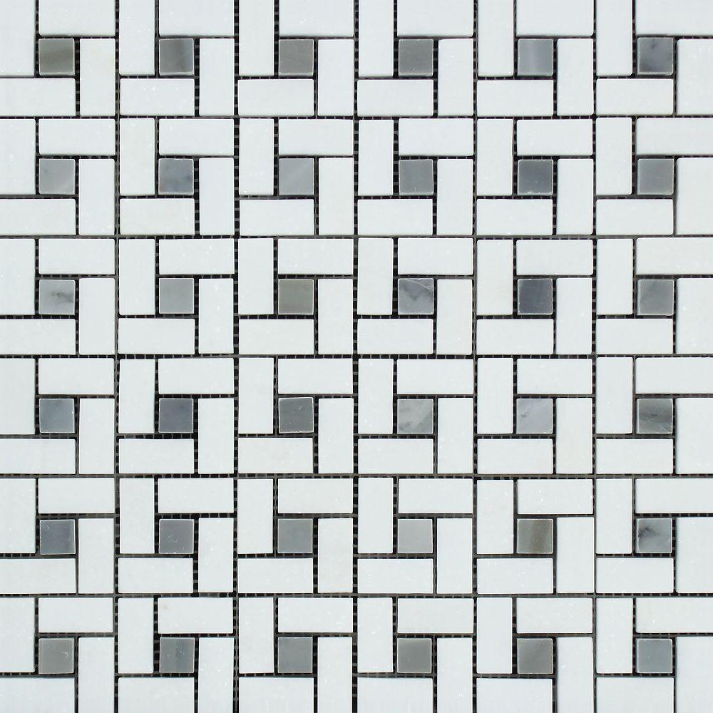 Thassos White Polished Marble Mini Pinwheel Mosaic Tile w/ Blue-Gray Dots.