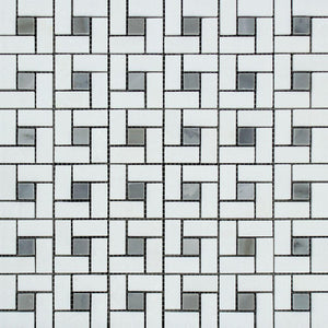 Thassos White Polished Marble Mini Pinwheel Mosaic Tile w/ Blue-Gray Dots.