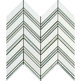 Thassos White Polished Marble Large Chevron Mosaic Tile (Thassos + Ming Green (Thin Strips)).