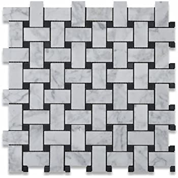 Bianco Carrara Polished Marble Basketweave Mosaic Tile (w/ Black Dots).