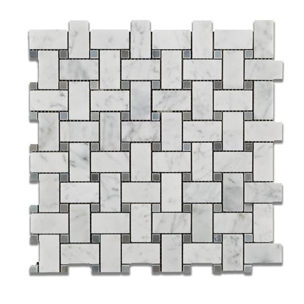 Bianco Carrara Polished Marble Basketweave Mosaic Tile (w/ Blue-Gray Dots).